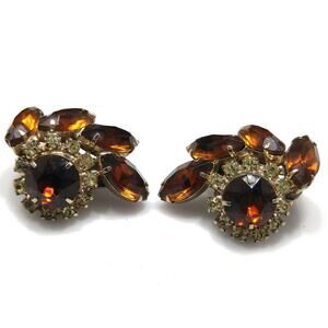 Vintage Topaz Rhinestone Clip Earrings, Gold Plated, 1950s Vintage Jewelry